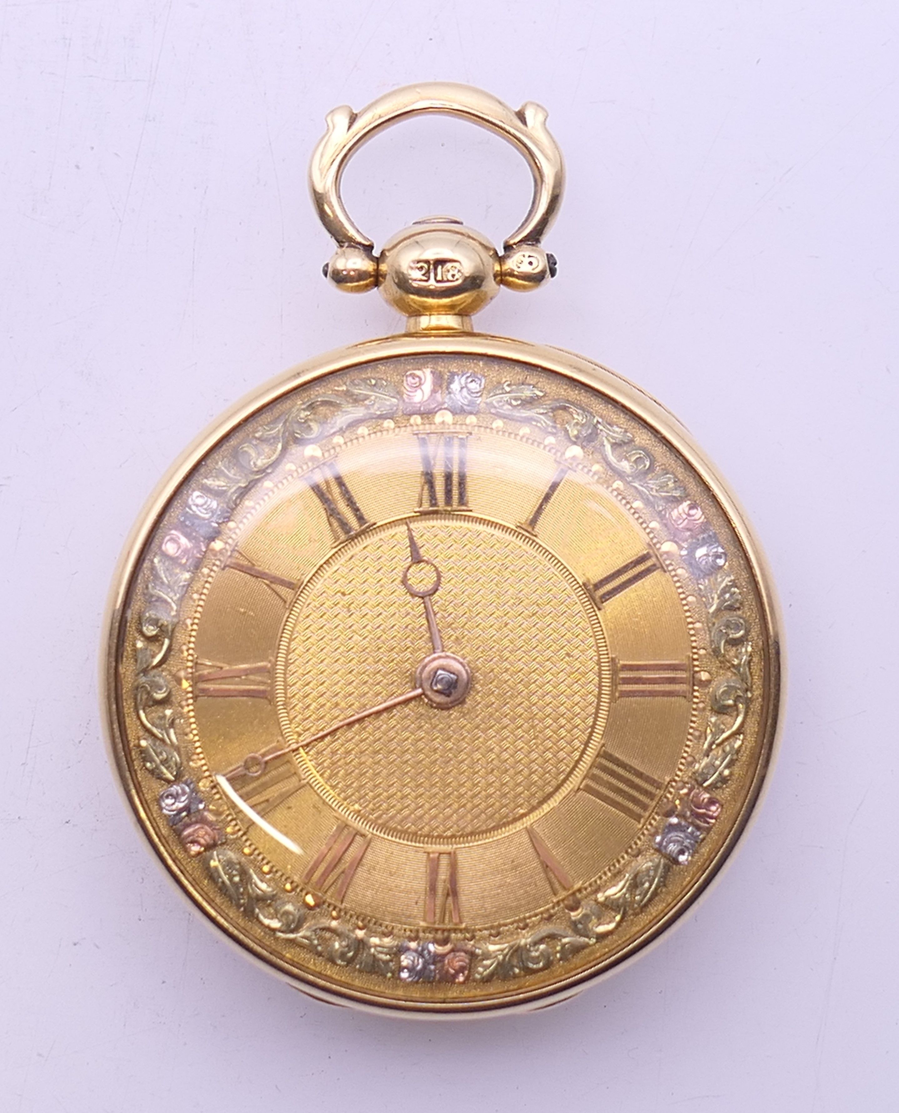 An 18 ct gold cased verge fusee gentleman's open faced pocket watch. 4 cm diameter. 79.