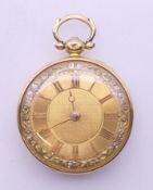 An 18 ct gold cased verge fusee gentleman's open faced pocket watch. 4 cm diameter. 79.