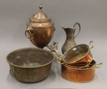 A quantity of various copper pans, a Samovar and an Eastern ewer, etc. The latter 32 cm high.