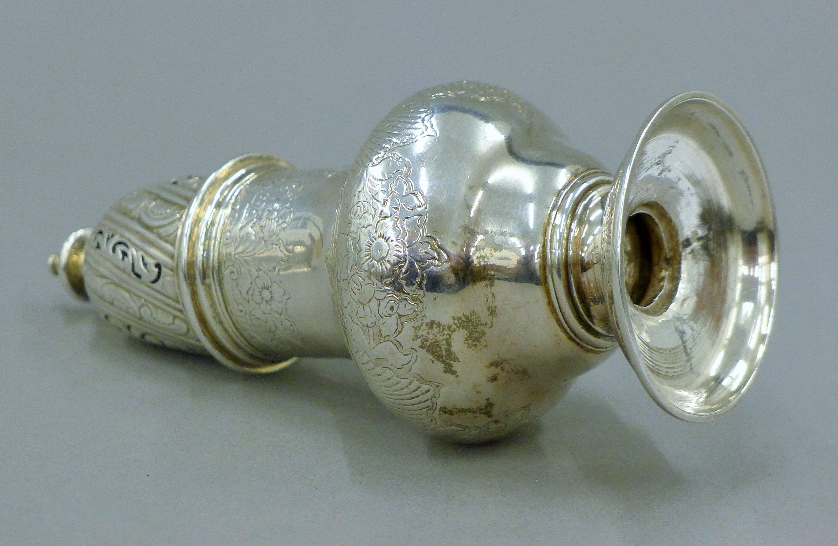 A pair of George II silver castors, hallmarked for London 1744, maker's mark of SW. 16 cm high. 464. - Image 6 of 9