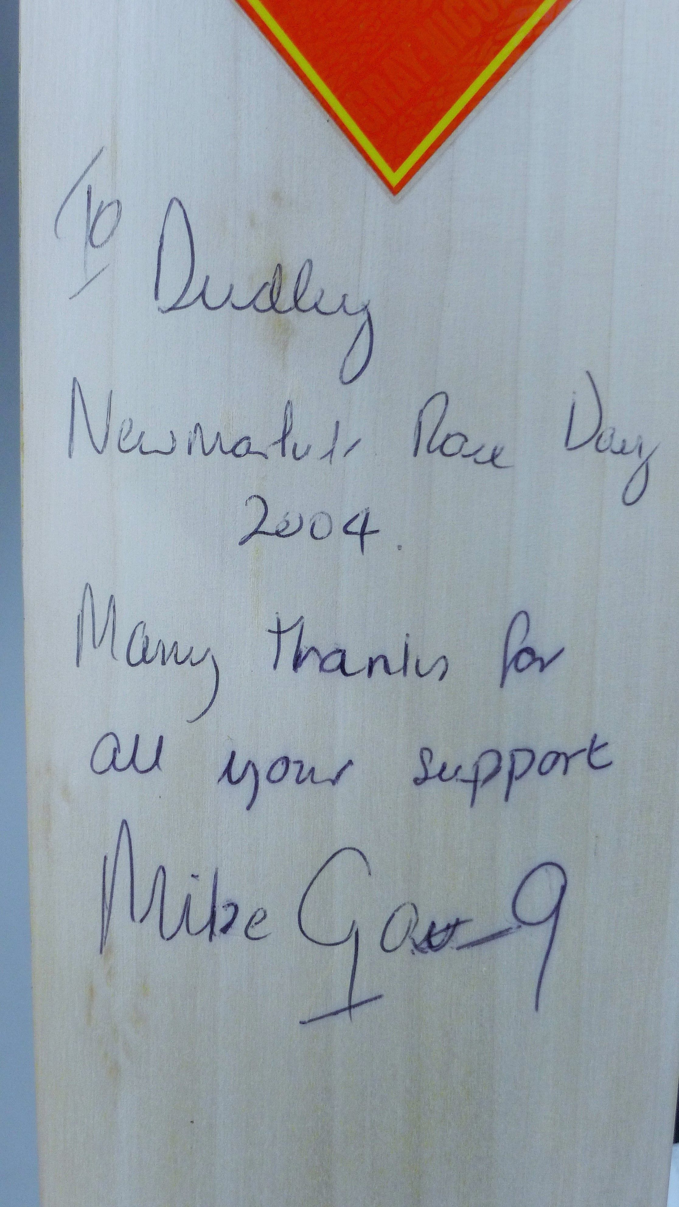 A Gray-Nicholls cricket bat with presentation inscription signed by Mike Gatting. 88 cms high. - Image 2 of 4