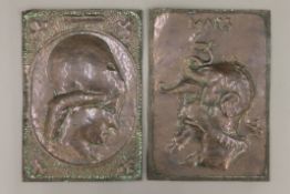 Two 19th century copper plaques, one depicting Mars. 21.5 x 31 cm.
