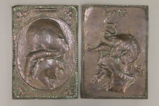 Two 19th century copper plaques, one depicting Mars. 21.5 x 31 cm.