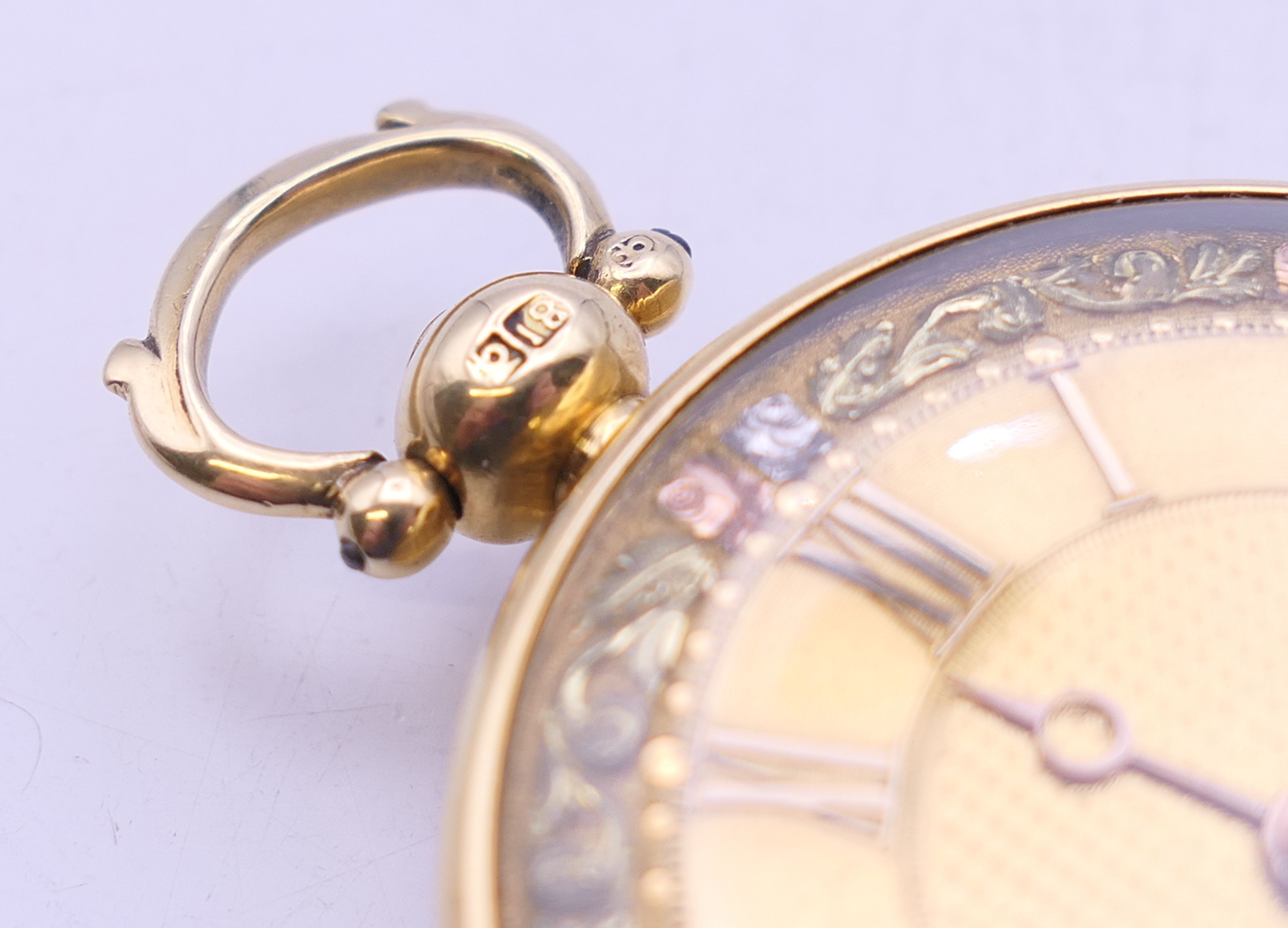An 18 ct gold cased verge fusee gentleman's open faced pocket watch. 4 cm diameter. 79. - Image 3 of 9