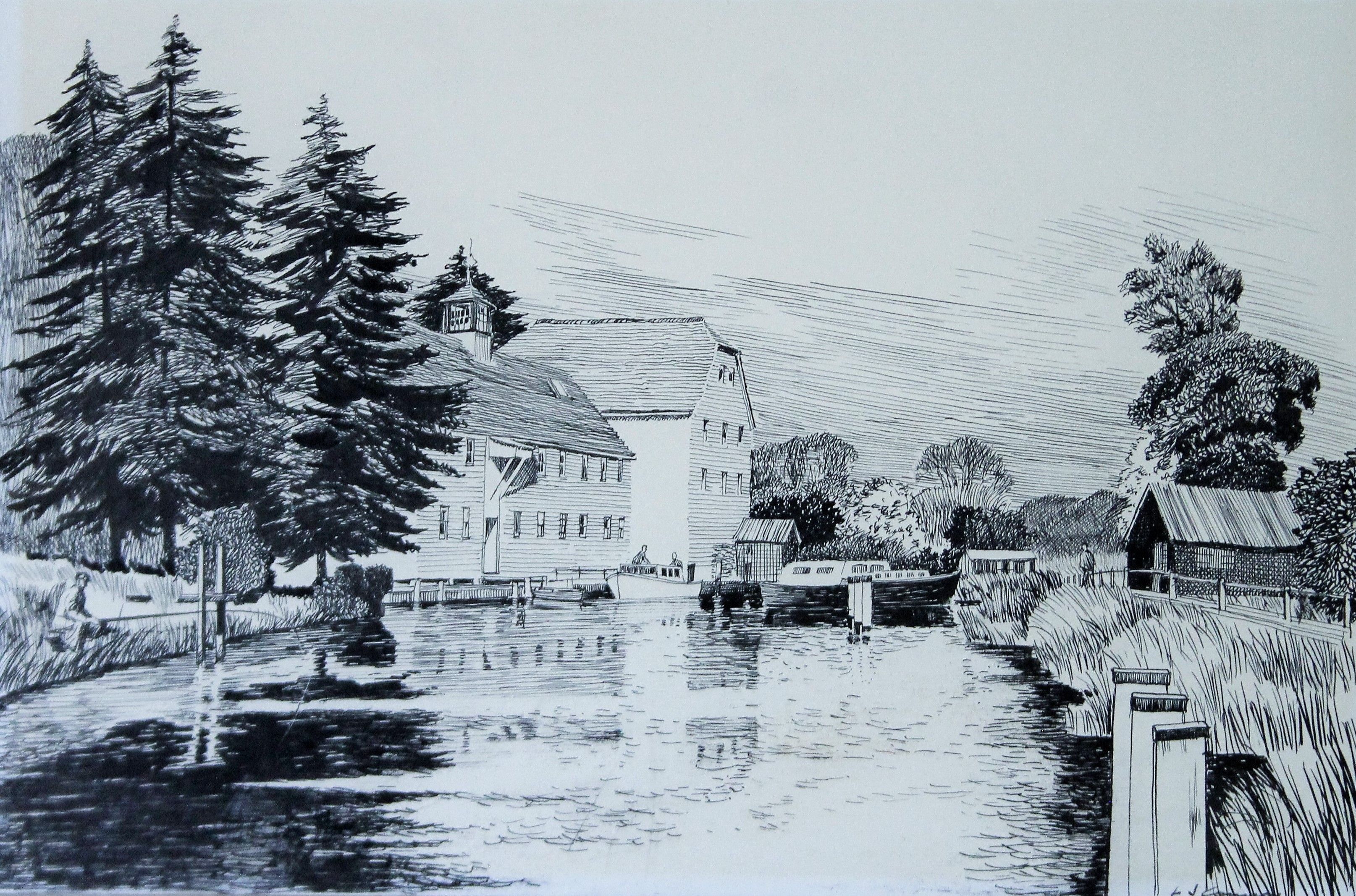 CONNOR, L J (20th century) British (AR), Hambledon Mill, pen and ink on board. 23 x 36 cm.