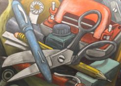 DREW, PATRICIA (20th Century) British (AR), Still Life of Scissors and Fountain Pen, mixed media,