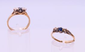 Two 9 ct gold diamond and sapphire rings 4.7 grammes total weight. Ring sizes P and Q.