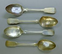 Four Georgian Scottish silver tablespoons. 22 cm long. 8.3 troy ounces.