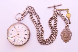 A J G Graves of Sheffield silver pocket watch on a chain with fob. 5 cm diameter. chain and fob 80.