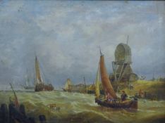 Ships in an Estuary before a Windmill, oil on canvas, framed. 59.5 x 44.5 cm.