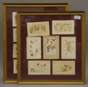 Two framed sets of Victorian embroidered postcards. The largest 41 x 52 cm overall.