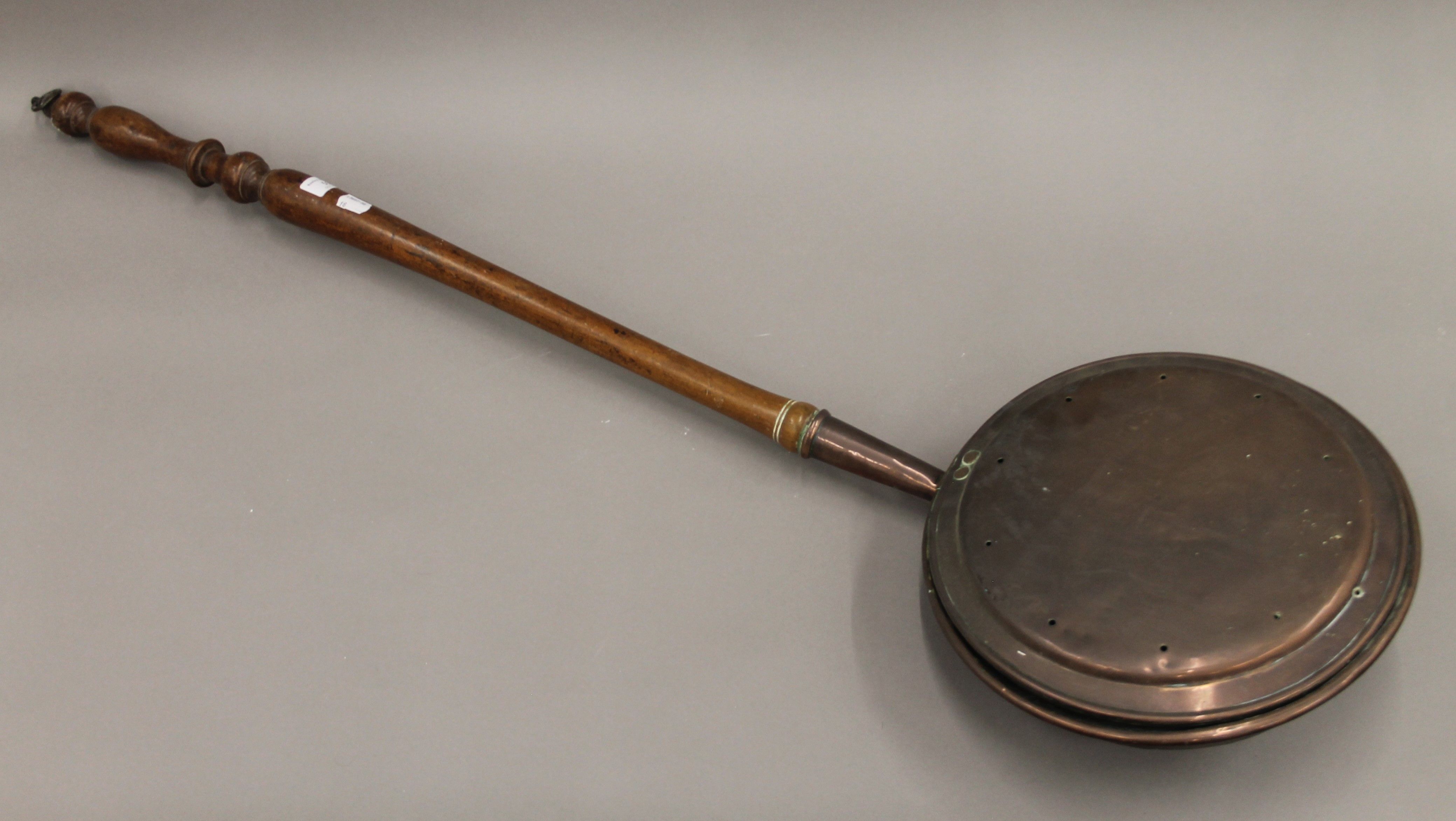 Two Victorian copper warming pans. The largest 115 cm long. - Image 5 of 7