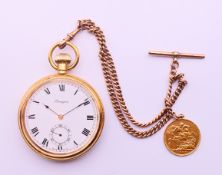 A Bravingtons gold-plated pocket watch on a 9 ct gold chain with a 1900 sovereign,