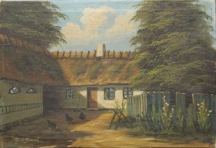 A BORNO, Chickens in Front of a Cottage, oil on canvas. 48.5 x 33 cm.