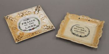 Two 19th century Staffordshire plaques with religious inscriptions. The largest21.5 cm wide.