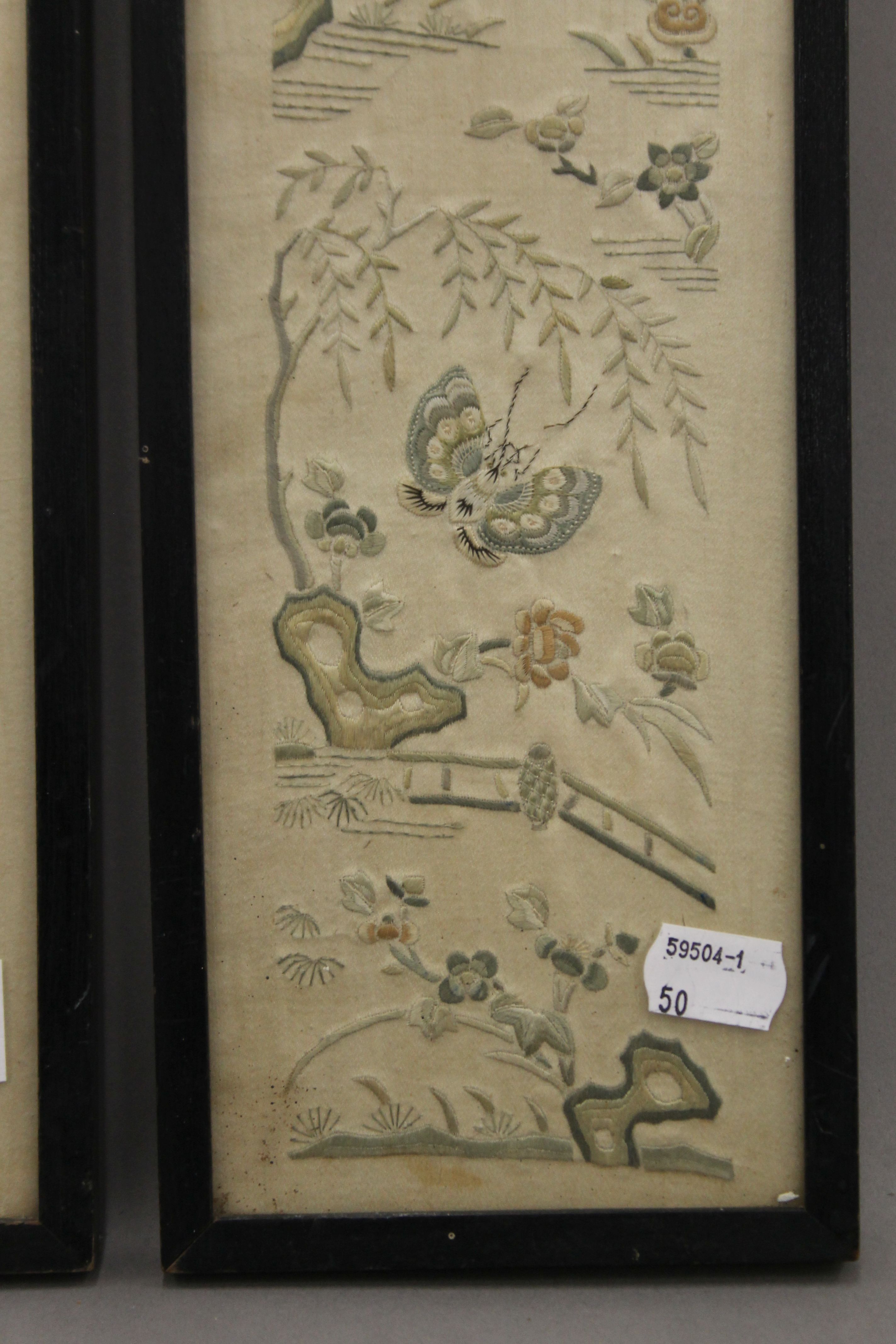 A pair of small Chinese framed embroideries. 12.5 x 53 cm overall. - Image 3 of 3