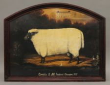 A picture of a sheep before a country house. 61 cm wide.