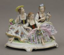 A 19th century Continental porcelain group depicting three ladies at leisure,