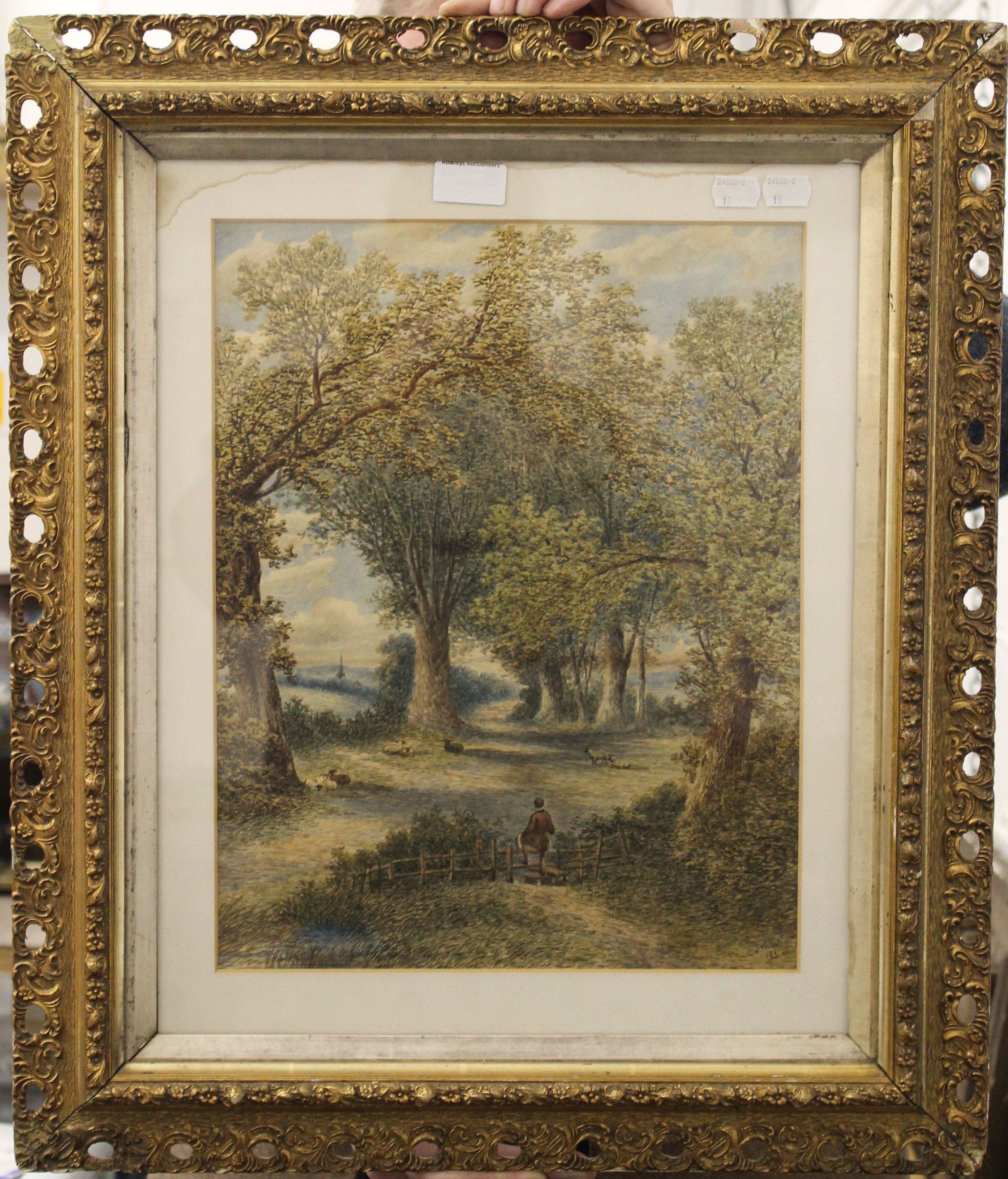 J TRAVIS, Shepherd Tending His Flock, watercolour, signed and dated 1881, framed and glazed. - Image 2 of 3