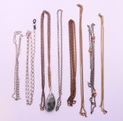 Eight various silver and other chains, one with a moss agate pendant. Pendant 3.75 cm high.