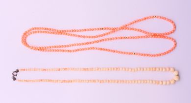 Two coral necklaces. 84 cm long and 45 cm long respectively.