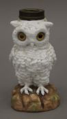 A porcelain owl-form lamp base. 16.5 cm high.
