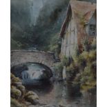 C W MORSLEY, Woman beside a River and a Thatched Cottage, watercolour, framed and glazed. 21.5 x 24.