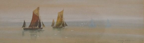 STANLEY R BURCHETT, Boats in Calm Waters, circa 1920's, watercolour, framed and glazed. 8 x 26 cm.