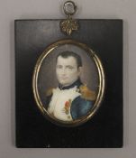 A 19th century portrait miniature on ivory of Napoleon Bonaparte, framed and glazed. 11 x 13.5 cm.