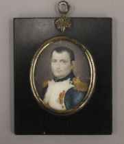 A 19th century portrait miniature on ivory of Napoleon Bonaparte, framed and glazed. 11 x 13.5 cm.