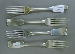 Four Irish silver table forks. 20 cm long. 9 troy ounces.