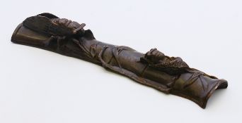 A bronze model of a locust and fly on a bamboo branch. 17 cm long.