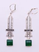 A pair of silver, jade Art Deco style earrings. 4 cm high.