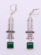 A pair of silver, jade Art Deco style earrings. 4 cm high.