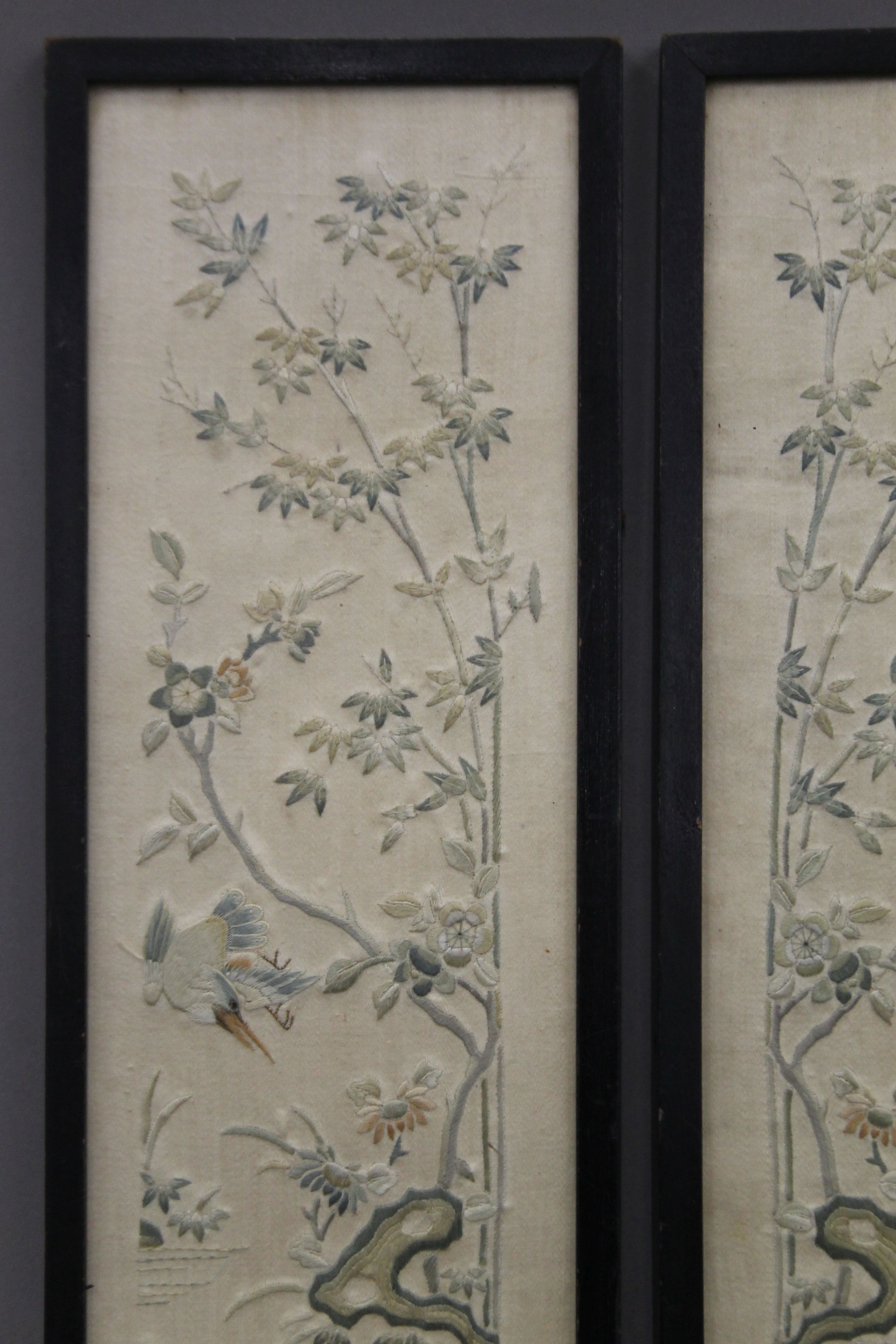 A pair of small Chinese framed embroideries. 12.5 x 53 cm overall. - Image 2 of 3