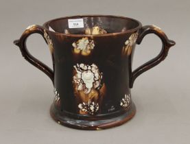 A 19th century Bargeware frog tankard. 20 cm high.