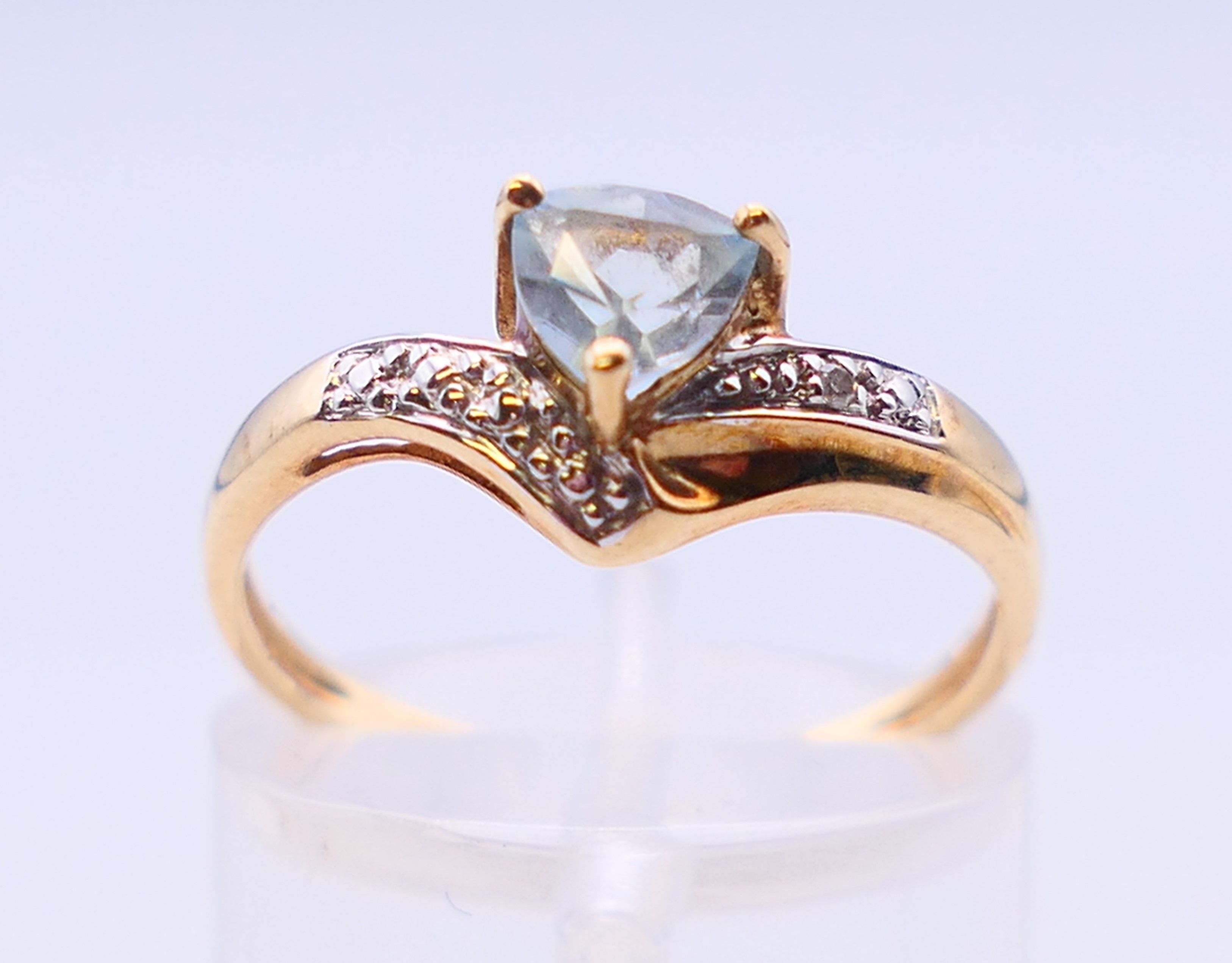 A 9 ct gold aquamarine and diamond ring. Ring size N. - Image 2 of 5