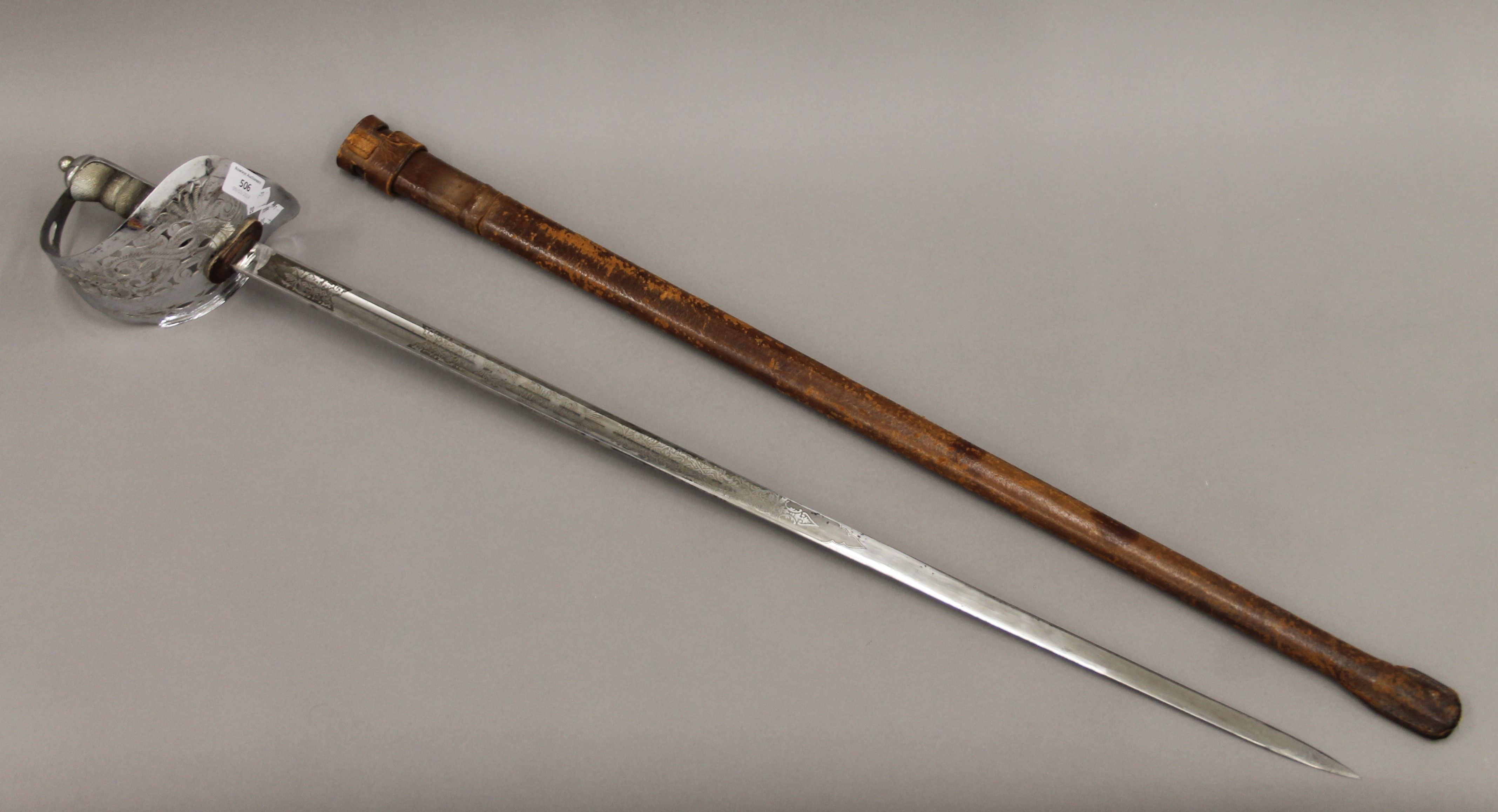 A George V service sword in leather scabbard. 102 cm long. - Image 3 of 6