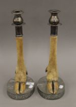 A pair of preserve taxidermy deer slot candle sticks. 37 cm high.