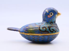 A cloisonne box formed as a duck. 6.5 cm wide.