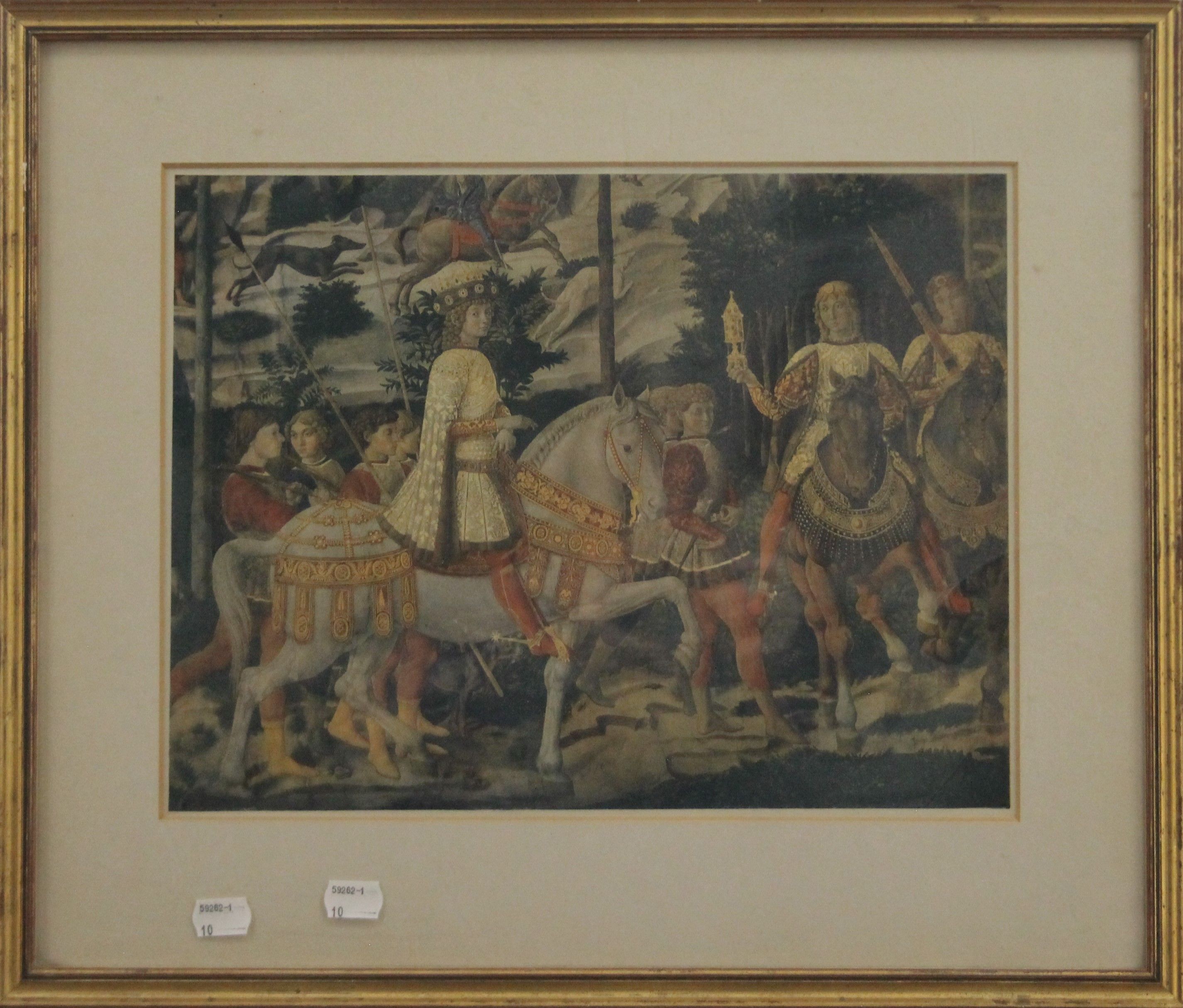 An Old Master print of a bearded gentleman and a print of a royal hunt, each framed and glazed. - Image 5 of 5