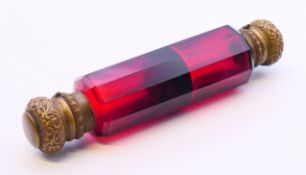 A ruby glass double scent bottle. 12 cm long.