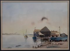 G BOWEN, Sailboats Moored on an Estuary, watercolour, signed, framed and glazed . 35 x 25 cm.