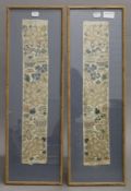 A pair of Chinese embroidered silk panels, framed and glazed. Each 9.5 x 50.5 cm.