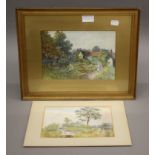 W S RUSSELL, Lady in a Cottage Garden, watercolour; together with a watercolour of a River Scene.