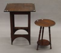 An Art and Crafts mahogany side table, a walnut side table and a lacquered shelf. The former 55.