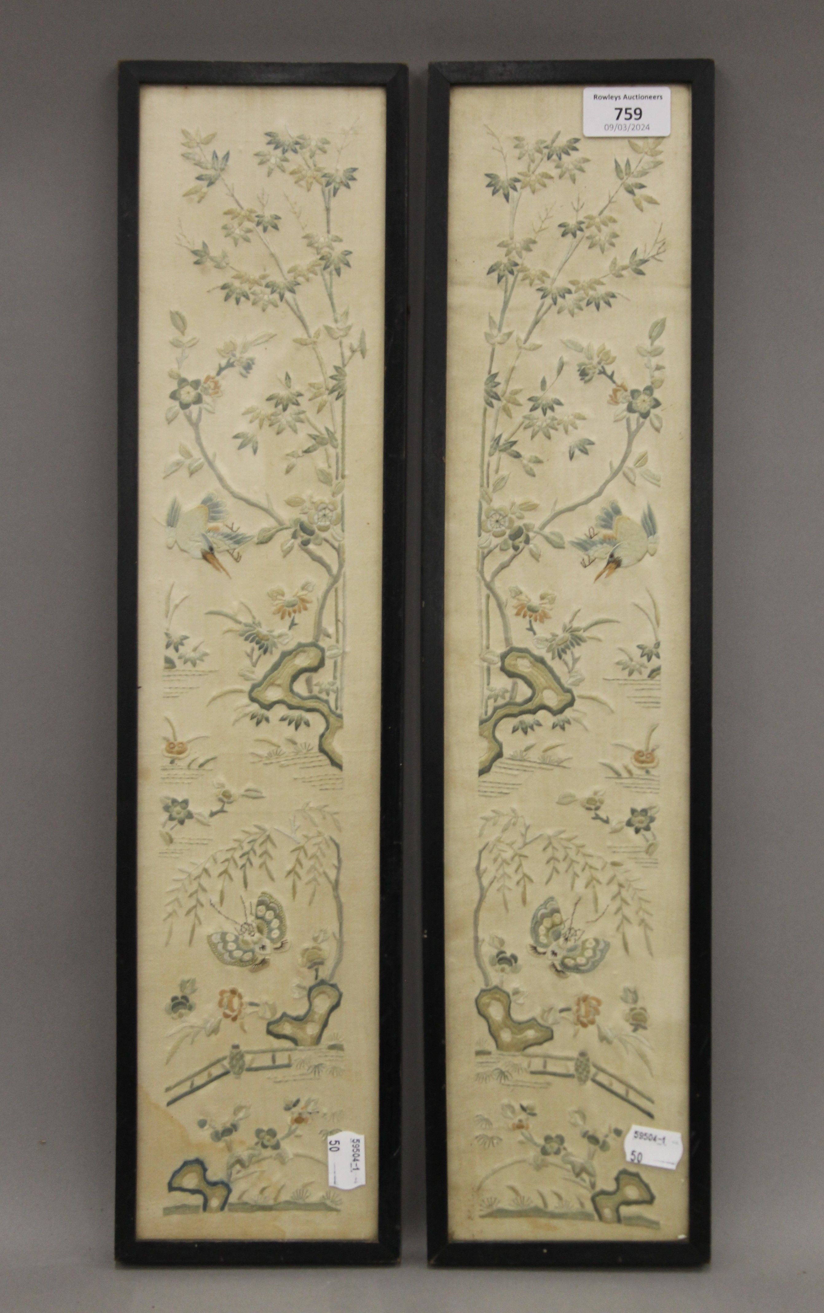 A pair of small Chinese framed embroideries. 12.5 x 53 cm overall.