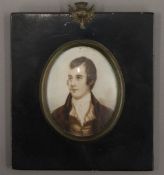 A 19th century miniature portrait on ivory of Robert Burns, framed and glazed. 12.5 x 14 cm.