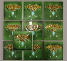 Ten Art Nouveau tiles. 15 cm squared.