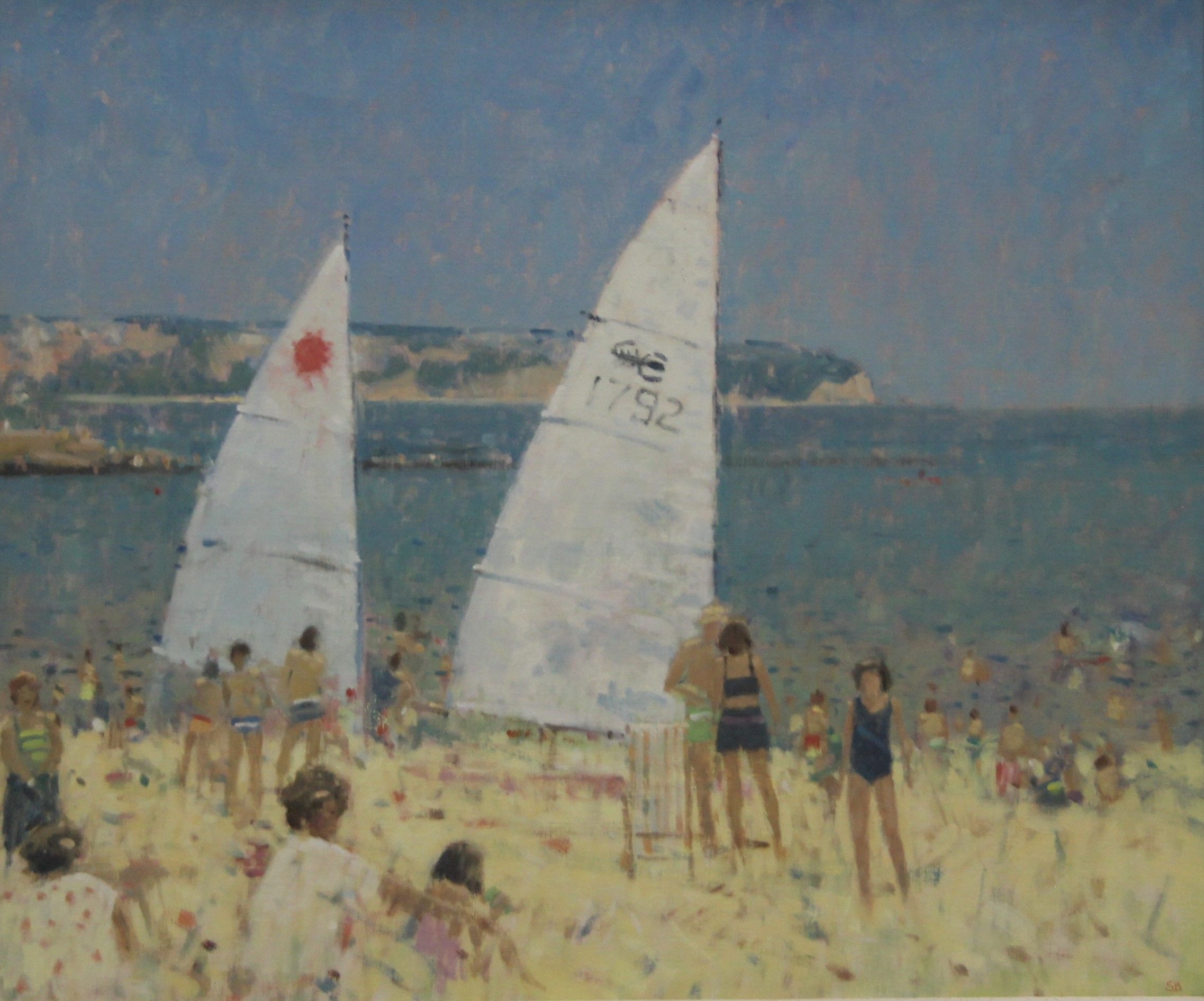Crowded Beach, signed with initials SB, oil on canvas, framed. 59 x 49 cm.